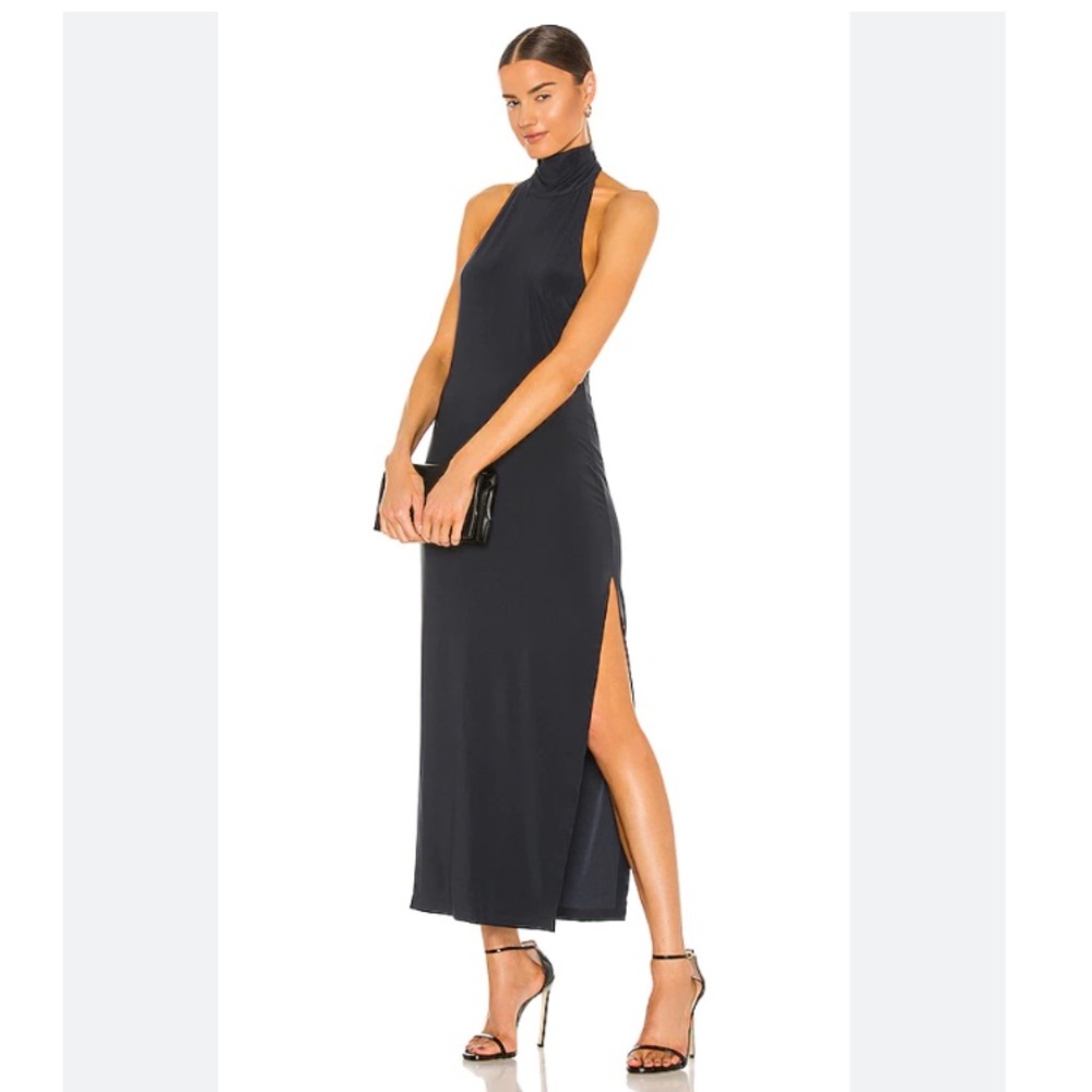 Norma Kamali Gown Halter Turtle Side Slit in Pewter